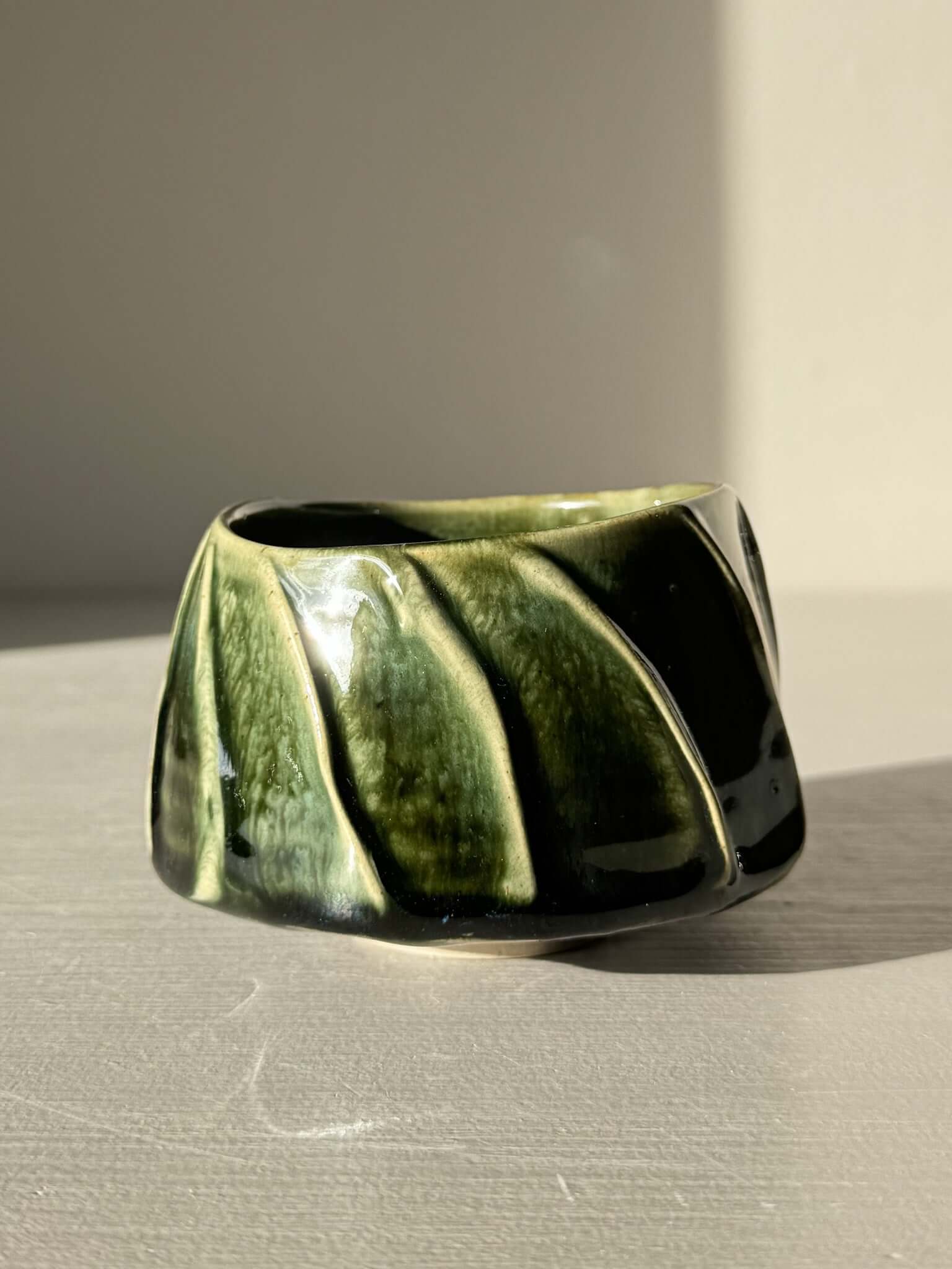 Yunomi Cup - Hinoki #27, handmade teacup with deep green glaze and flowing slip lines for unique texture, perfect for daily tea rituals.