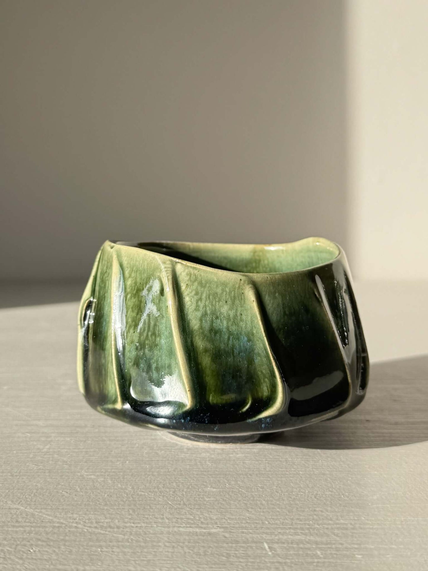 Handmade Yunomi Cup - Hinoki #28 with deep green glaze and textured slip design