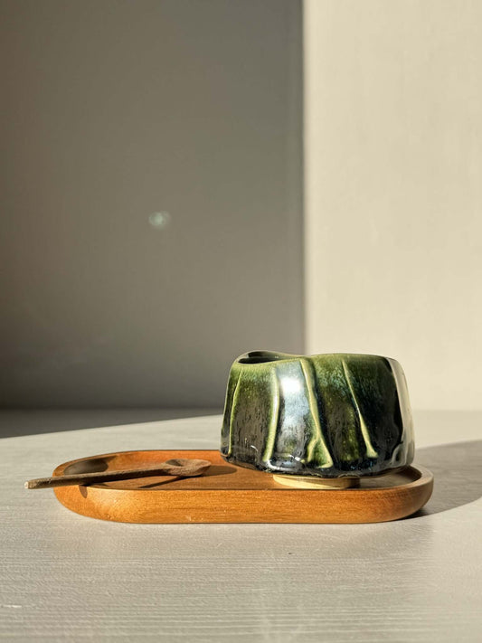 Yunomi Cup - Hinoki #29 on wooden tray with green glaze and unique slip texture, handmade for everyday tea moments.