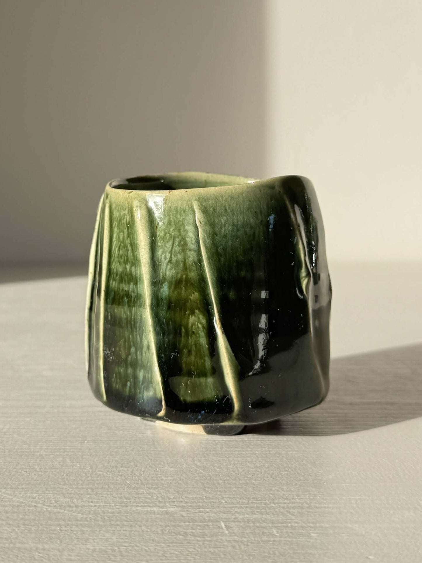 Yunomi Cup - Hinoki Series #19 with deep green glaze and textured surface, unique handcrafted design for everyday tea moments.