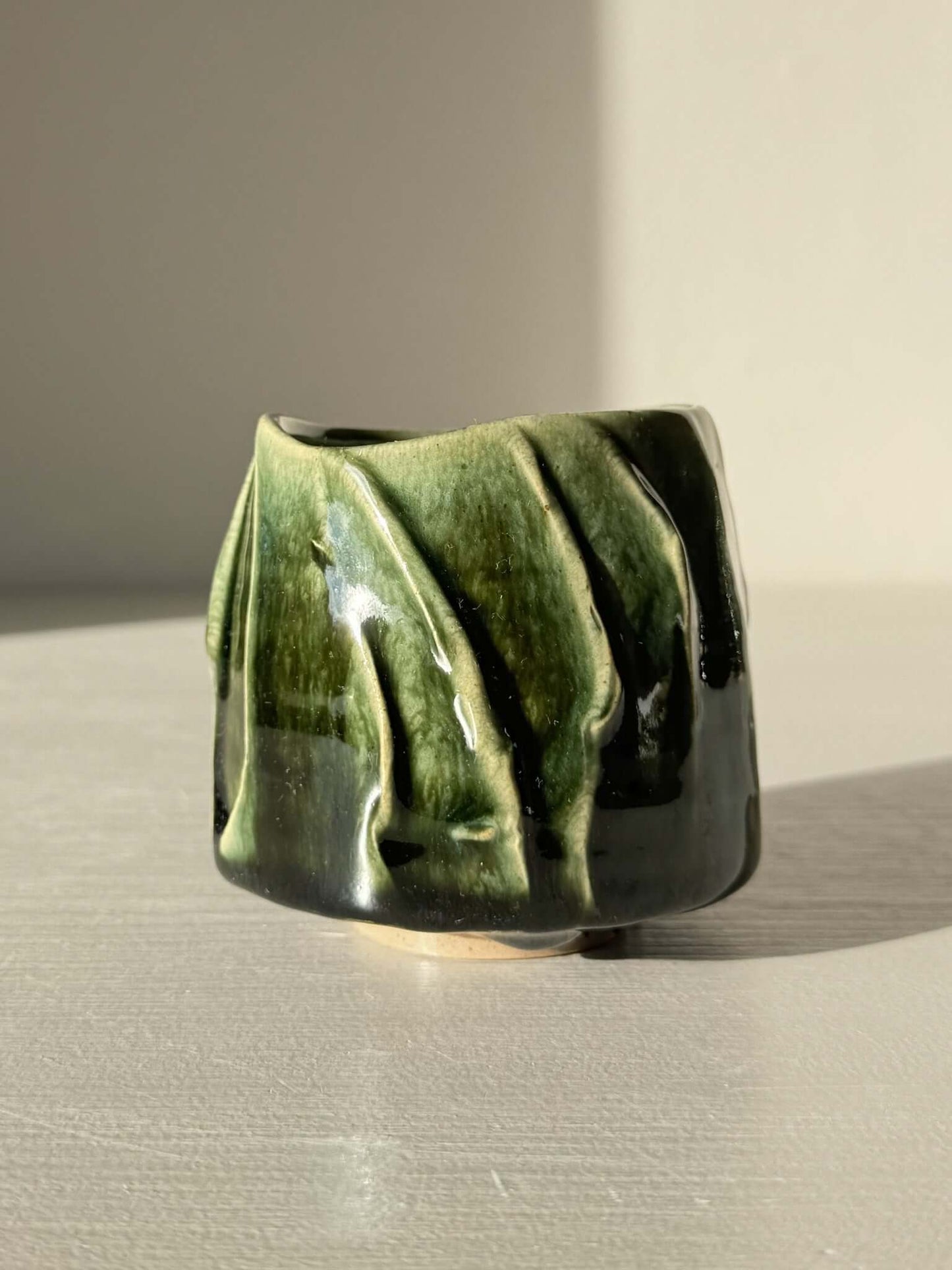 Yunomi Cup - Hinoki Series #20 with deep green glaze and flowing slip design, handmade for unique everyday tea moments.