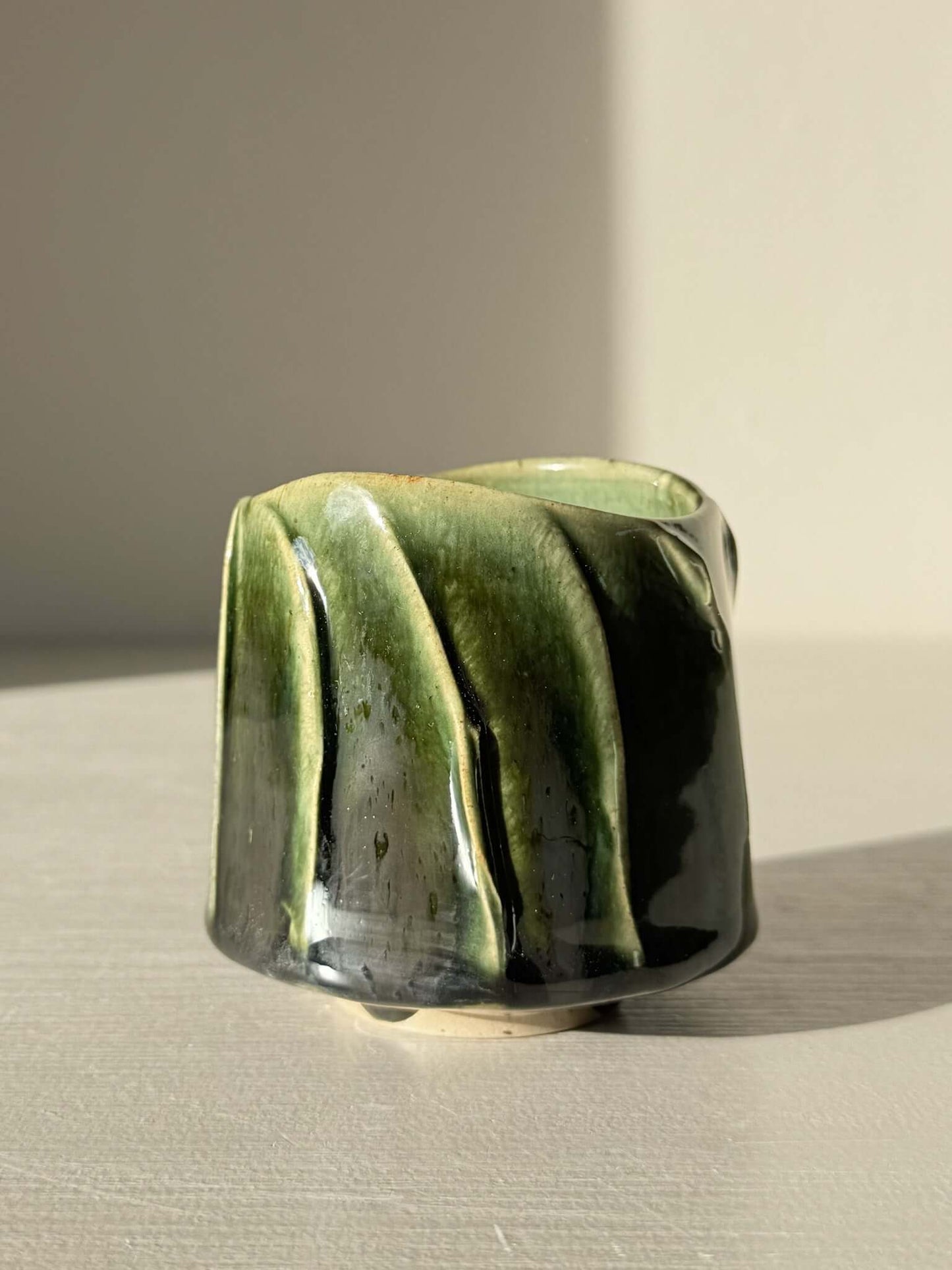 Yunomi Cup - Hinoki Series #21 with textured green glaze and handmade slip design, ideal for everyday tea moments.