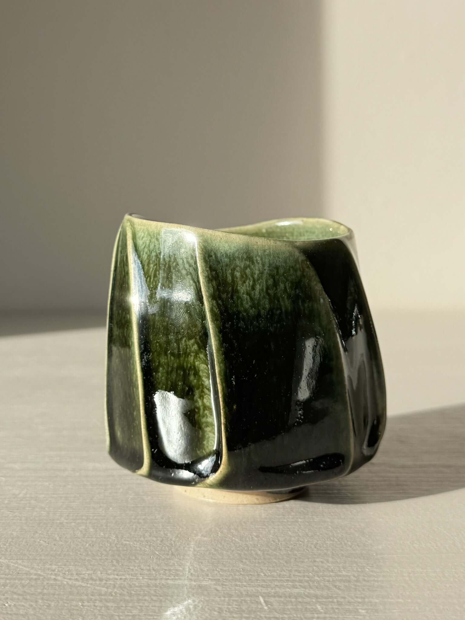 Yunomi Cup - Hinoki Series #23 with deep green glaze and flowing slip texture, handmade for unique everyday tea moments.