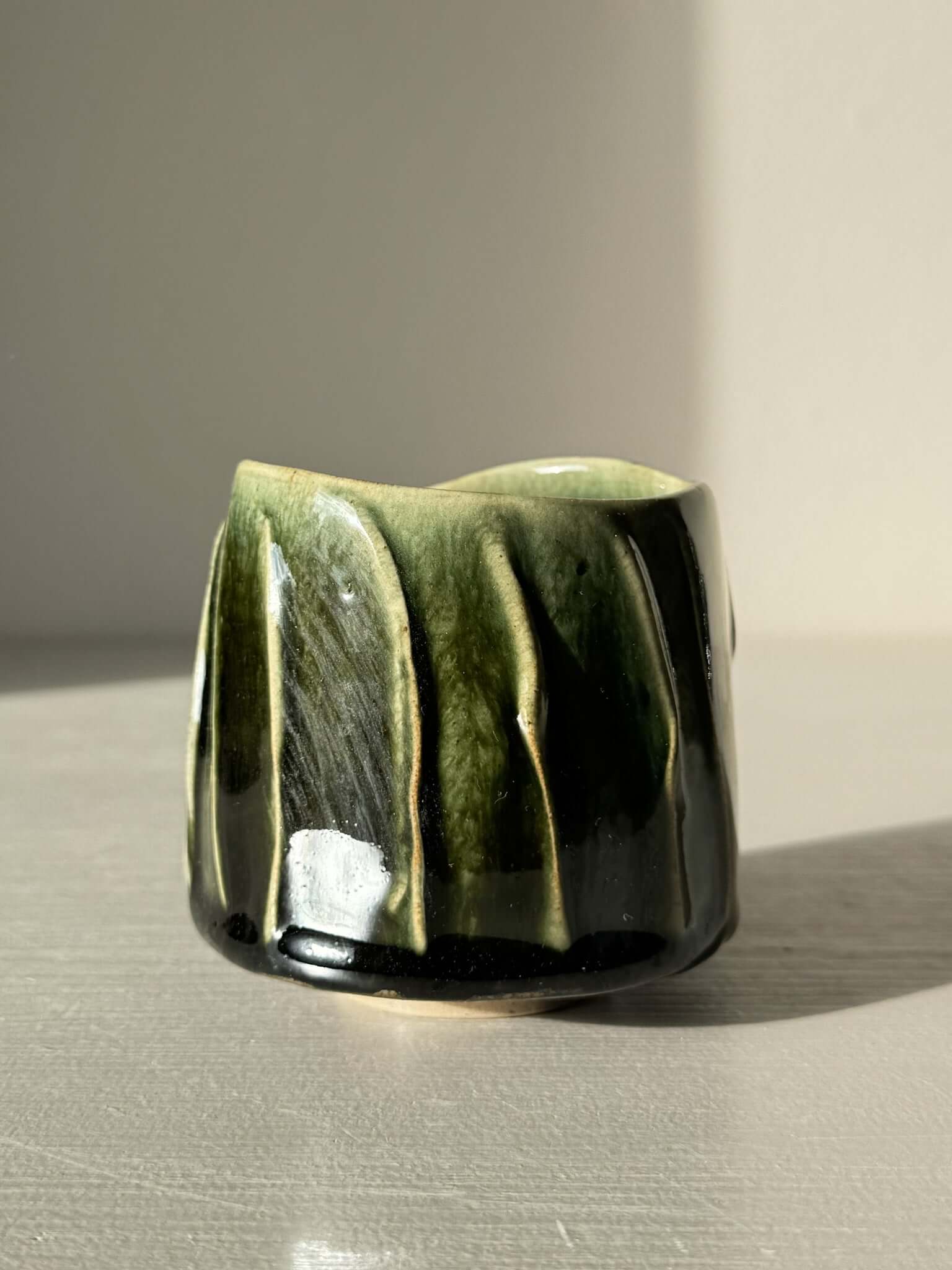 Yunomi Cup - Hinoki Series #24 with deep green glaze and flowing lines, handmade for unique tea moments.