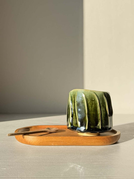 Yunomi Cup - Hinoki Series #24, handcrafted with green glaze and texture, displayed on a wooden tray.