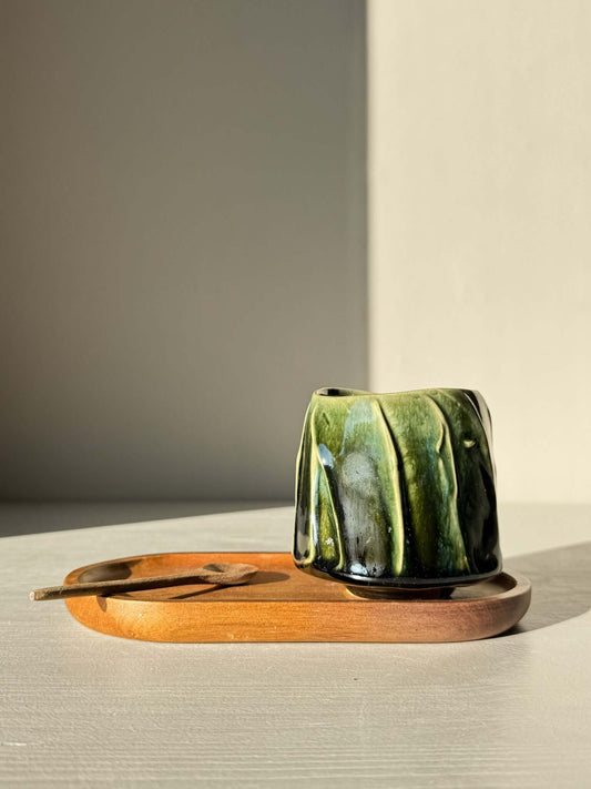 Yunomi Cup - Hinoki Series #25 with deep green glaze and subtle texture, placed on a wooden tray for a serene tea experience.