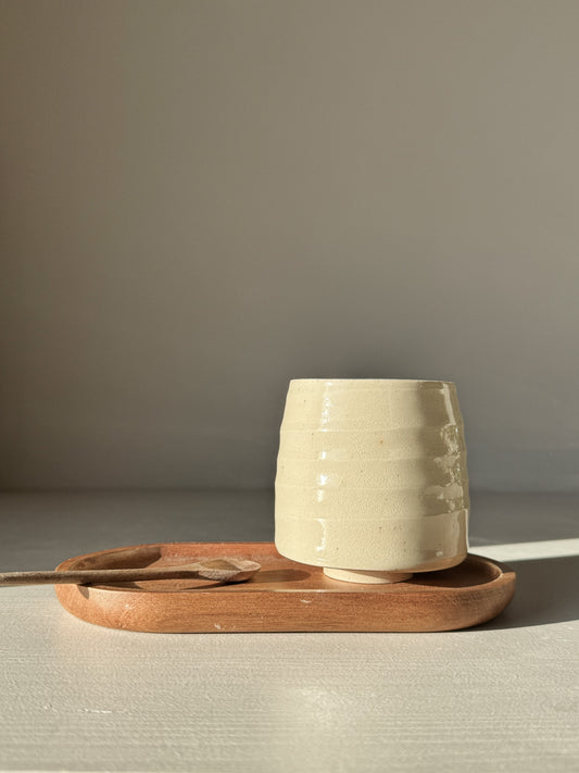 Yunomi Cups - Clear Glaze #02 with textured ridges on a wooden tray with a spoon