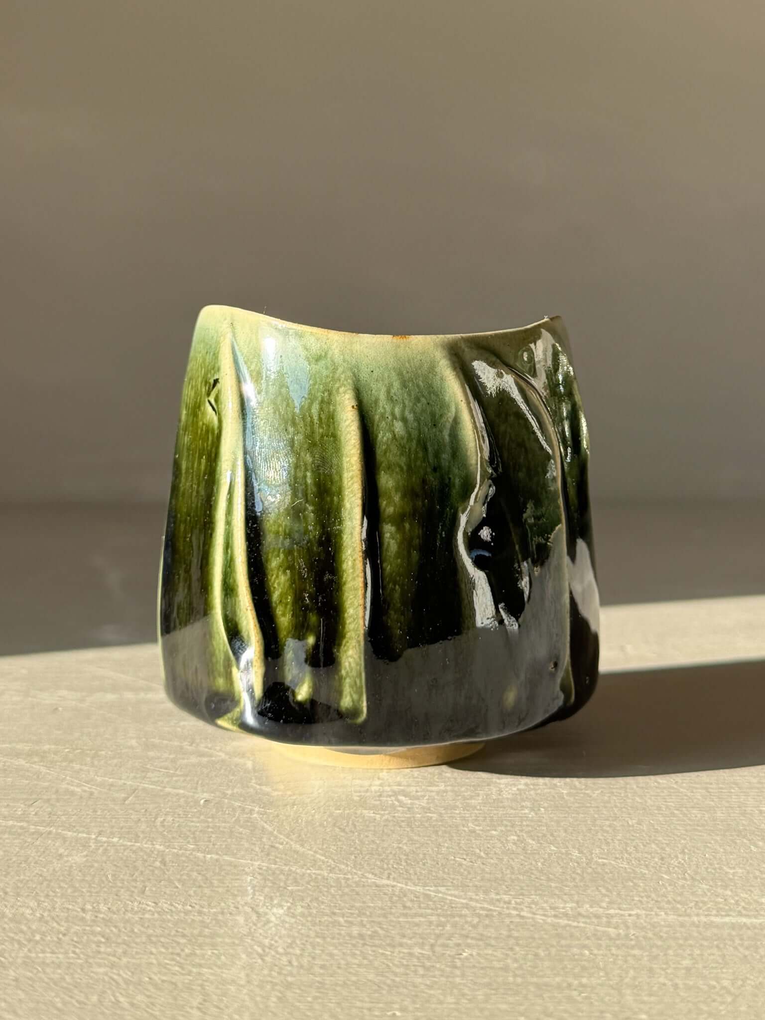 Yunomi Cup - Hinoki #18 with deep green glaze and textured surface, handmade for unique everyday tea moments.