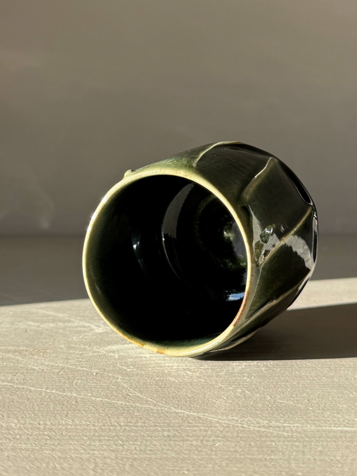 Yunomi Cup - Hinoki #18 featuring hand-applied slip design and deep green glaze for unique texture and depth.