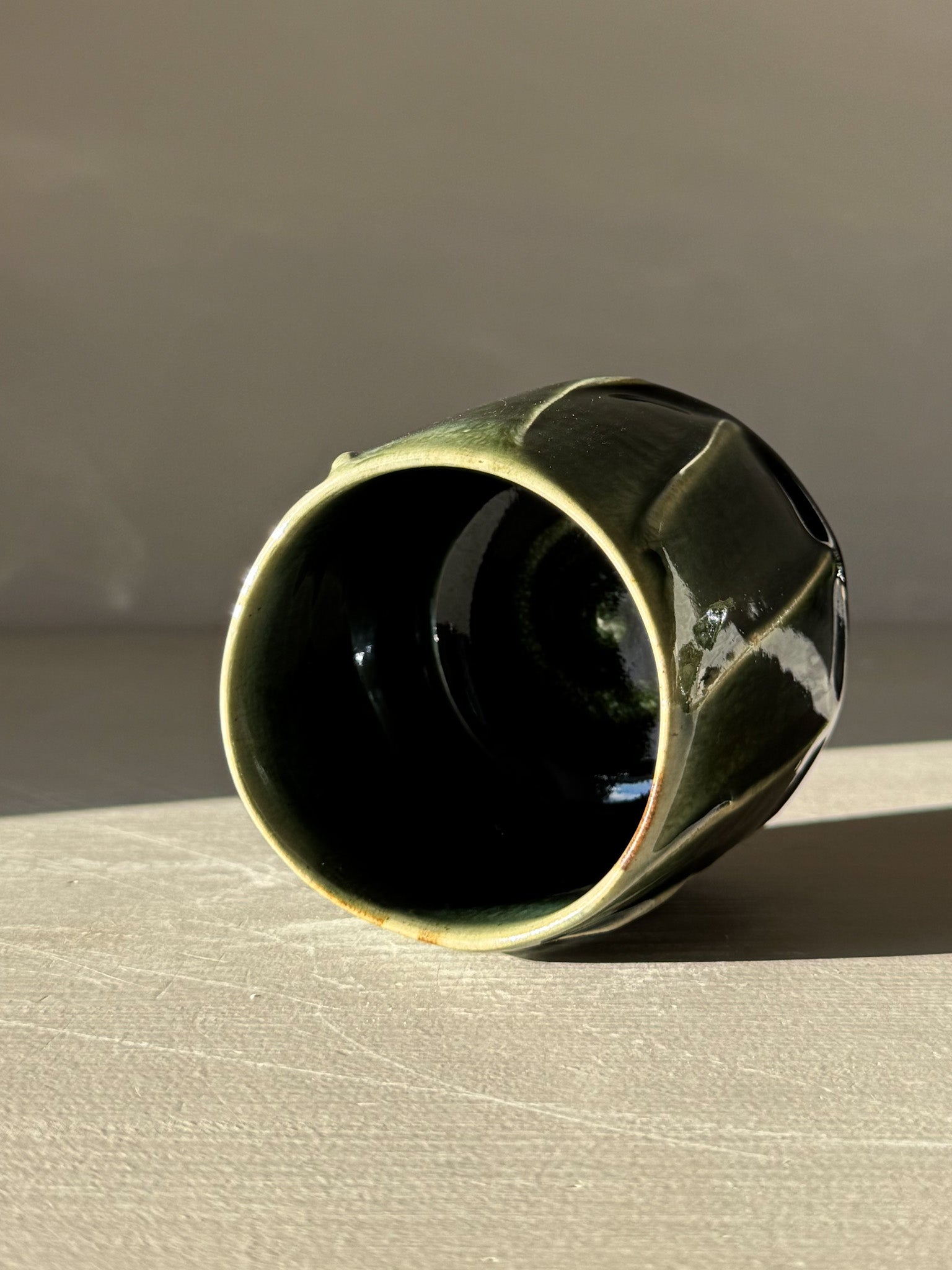 Yunomi Cup - Hinoki #18 featuring hand-applied slip design and deep green glaze for unique texture and depth.