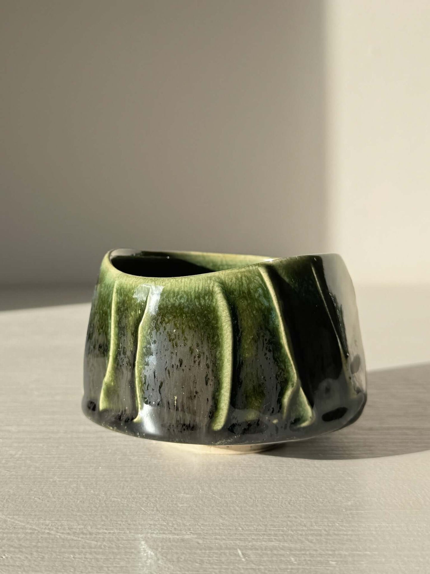Handmade Yunomi Cup - Hinoki #29 with deep green glaze and textured lines, perfect for everyday tea moments.