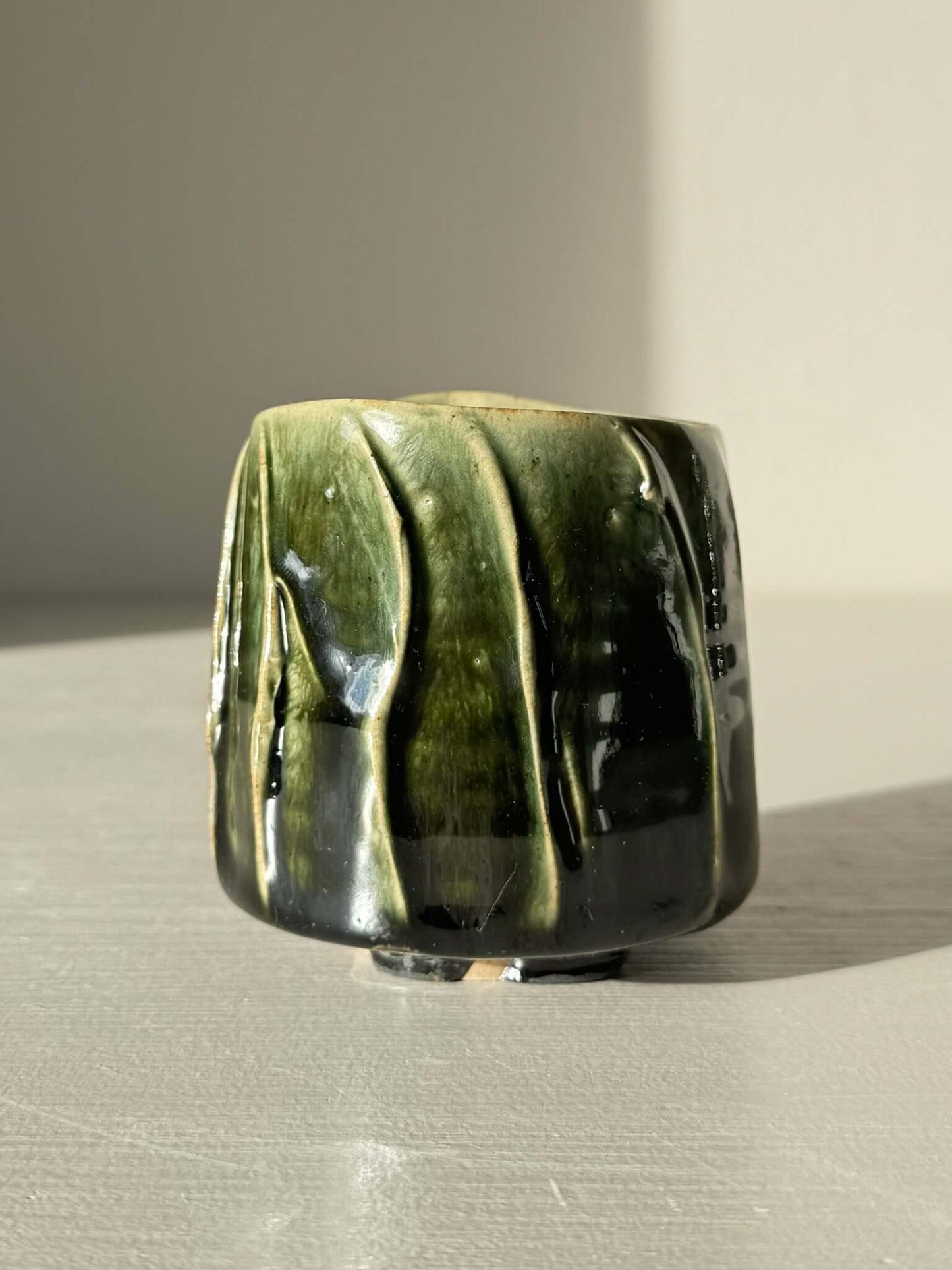 Yunomi Cup - Hinoki Series #19 with deep green glaze and flowing slip texture, handcrafted for unique, subtle elegance.