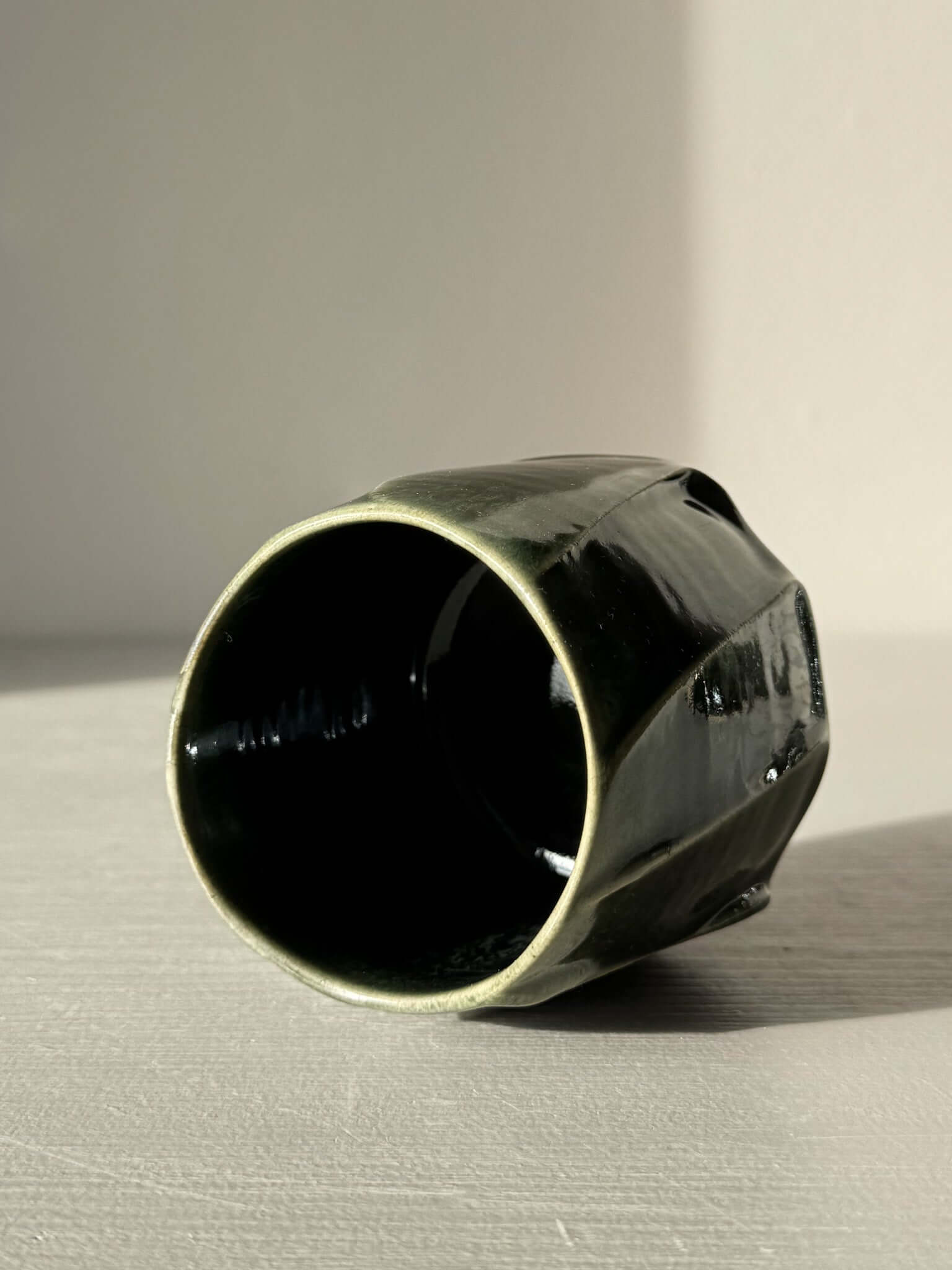 Yunomi Cup - Hinoki Series #23 with deep green glaze showcasing flowing lines and unique handmade texture, perfect for tea moments.