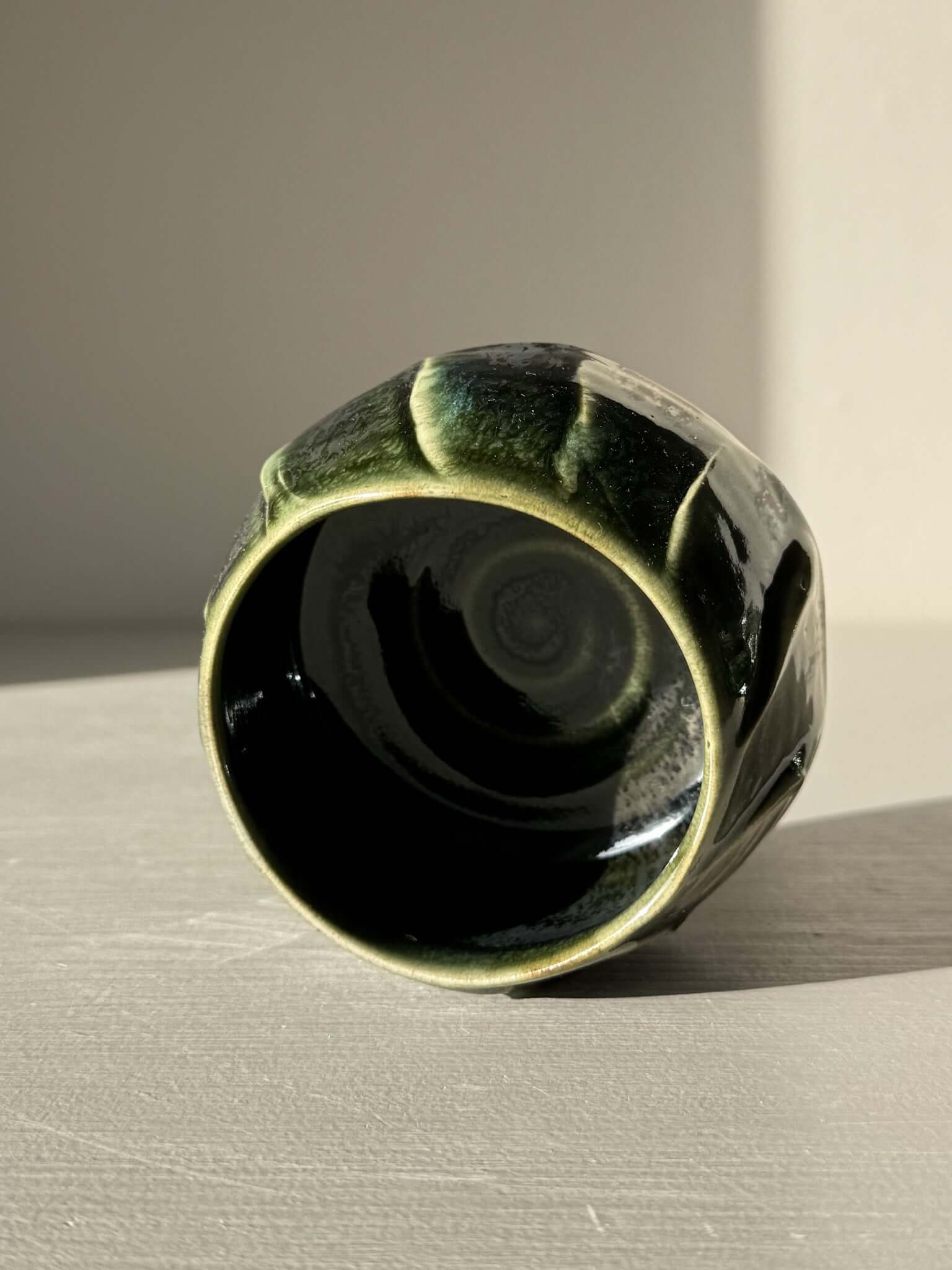 Yunomi Cup - Hinoki #30 with deep green glaze and unique texture, handcrafted for everyday tea moments.