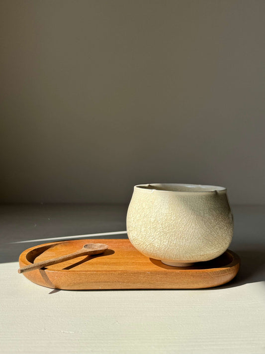 Yunomi Cup - Kannyū Series #05, handmade ceramic teacup with crackle glaze on a wooden tray, showcasing elegant design for everyday tea.